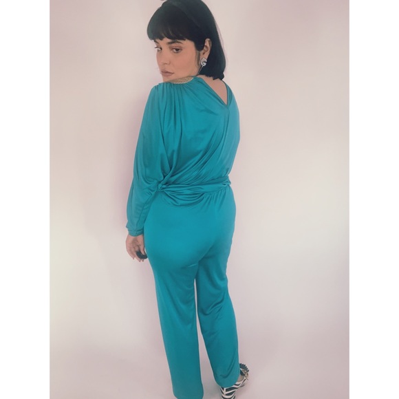 Vintage 60s Space age Teal Silver Pant Blouse Set - Picture 7 of 8